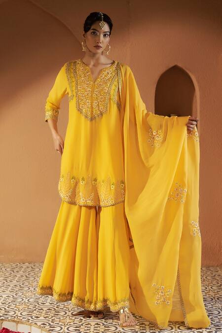 Shop Sonia Khatri Yellow Crepe, Organza Sequins, Zari, Embroidery, Cut Azalea Kurta Sharara Set Online at Aza Fashions Shop_Sonia Khatri_Yellow Crepe, Organza Sequins, Zari, Embroidery, Cut Azalea Kurta Sharara Set _Online_at_Aza_Fashions