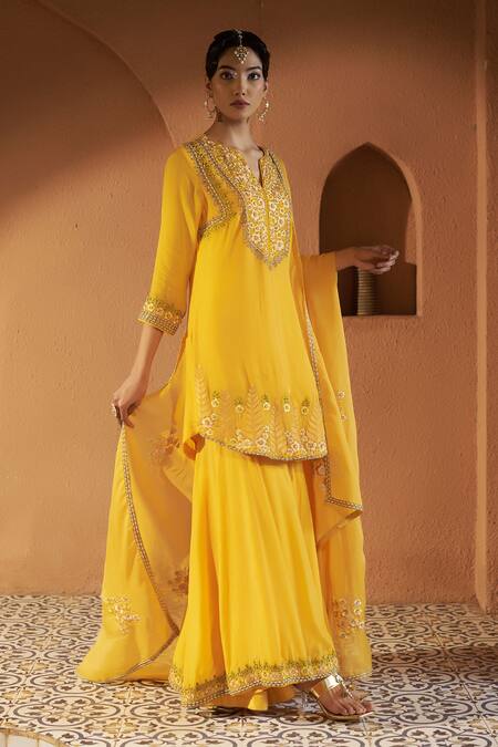 Sonia Khatri Yellow Crepe, Organza Sequins, Zari, Embroidery, Cut Azalea Kurta Sharara Set at Aza Fashions Sonia Khatri_Yellow Crepe, Organza Sequins, Zari, Embroidery, Cut Azalea Kurta Sharara Set _at_Aza_Fashions