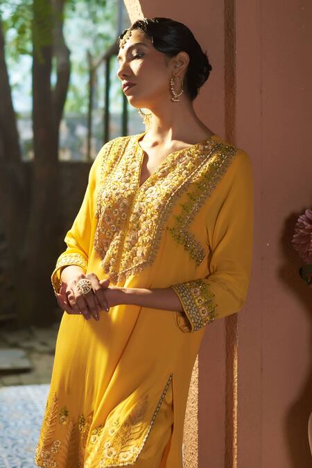 Buy Sonia Khatri Yellow Crepe, Organza Sequins, Zari, Embroidery, Cut Azalea Kurta Sharara Set Buy_Sonia Khatri_Yellow Crepe, Organza Sequins, Zari, Embroidery, Cut Azalea Kurta Sharara Set