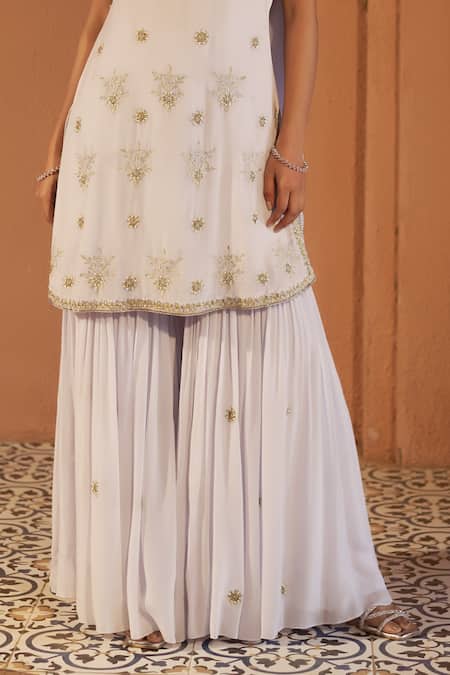 Buy_Sonia Khatri_Grey Georgette, Organza Cut Orchid Floral Butti Embroidered Kurta Sharara Set _Online_at_Aza_Fashions