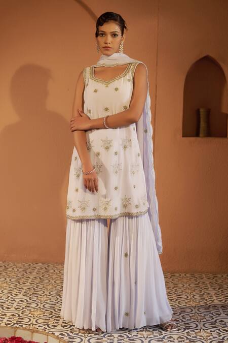 Shop_Sonia Khatri_Grey Georgette, Organza Cut Orchid Floral Butti Embroidered Kurta Sharara Set _Online_at_Aza_Fashions