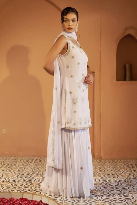 Sonia Khatri_Grey Georgette, Organza Cut Orchid Floral Butti Embroidered Kurta Sharara Set _at_Aza_Fashions