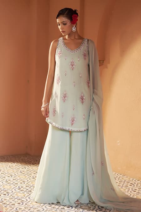 Buy_Sonia Khatri_Blue Georgette, Organza Cut Work, Camellia Elegance Resham Kurta Sharara Set _Online_at_Aza_Fashions