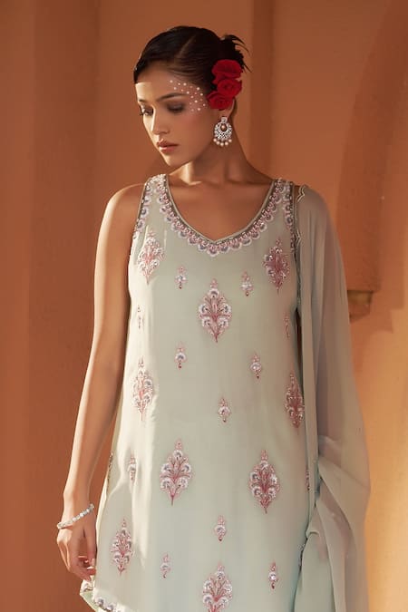 Shop_Sonia Khatri_Blue Georgette, Organza Cut Work, Camellia Elegance Resham Kurta Sharara Set _Online_at_Aza_Fashions