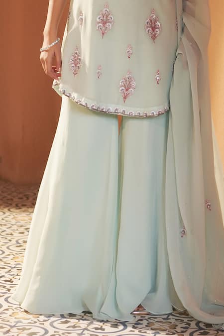 Sonia Khatri_Blue Georgette, Organza Cut Work, Camellia Elegance Resham Kurta Sharara Set _at_Aza_Fashions