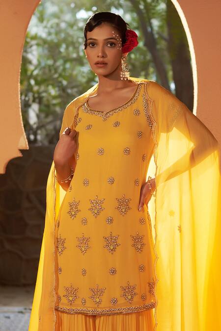 Buy Sonia Khatri Yellow Georgette, Organza Cut Daffodil Floral Embroidered Kurta Sharara Set Online at Aza Fashions Buy_Sonia Khatri_Yellow Georgette, Organza Cut Daffodil Floral Embroidered Kurta Sharara Set _Online_at_Aza_Fashions