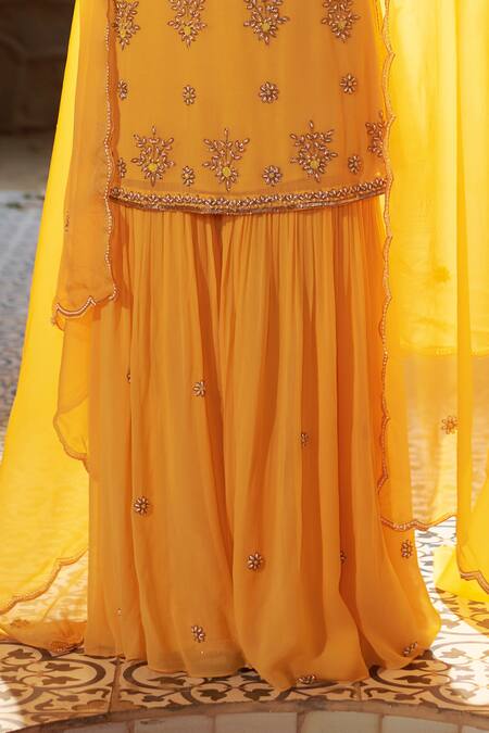 Shop Sonia Khatri Yellow Georgette, Organza Cut Daffodil Floral Embroidered Kurta Sharara Set Online at Aza Fashions Shop_Sonia Khatri_Yellow Georgette, Organza Cut Daffodil Floral Embroidered Kurta Sharara Set _Online_at_Aza_Fashions