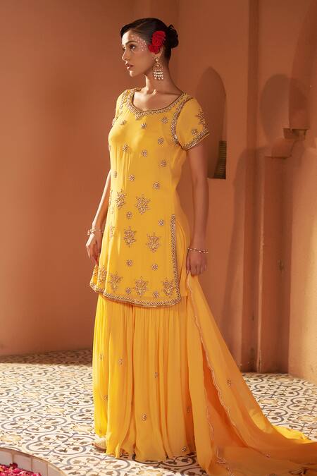 Sonia Khatri Yellow Georgette, Organza Cut Daffodil Floral Embroidered Kurta Sharara Set at Aza Fashions Sonia Khatri_Yellow Georgette, Organza Cut Daffodil Floral Embroidered Kurta Sharara Set _at_Aza_Fashions