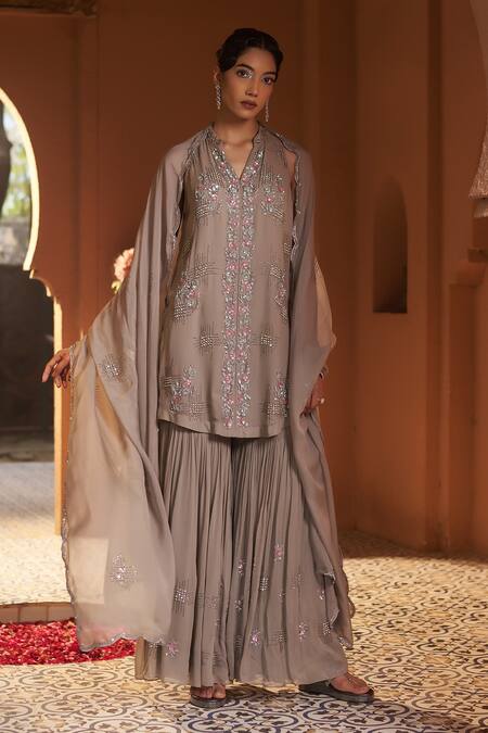 Buy_Sonia Khatri_Grey Georgette, Organza Brunia Bliss Floral Embroidered Kurta Sharara Set _Online_at_Aza_Fashions