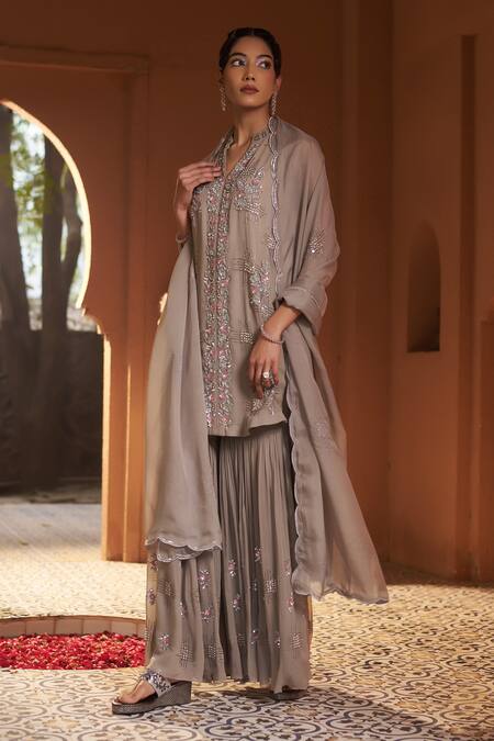 Shop_Sonia Khatri_Grey Georgette, Organza Brunia Bliss Floral Embroidered Kurta Sharara Set _Online_at_Aza_Fashions