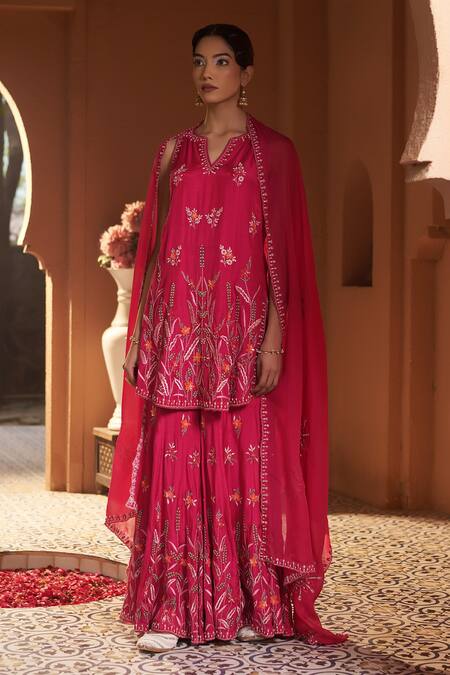 Shop Sonia Khatri Pink Cotton, Organza Cut Work, Zari, Sequins, Rose Bloom Kurta Sharara Set Online at Aza Fashions Shop_Sonia Khatri_Pink Cotton, Organza Cut Work, Zari, Sequins, Rose Bloom Kurta Sharara Set _Online_at_Aza_Fashions