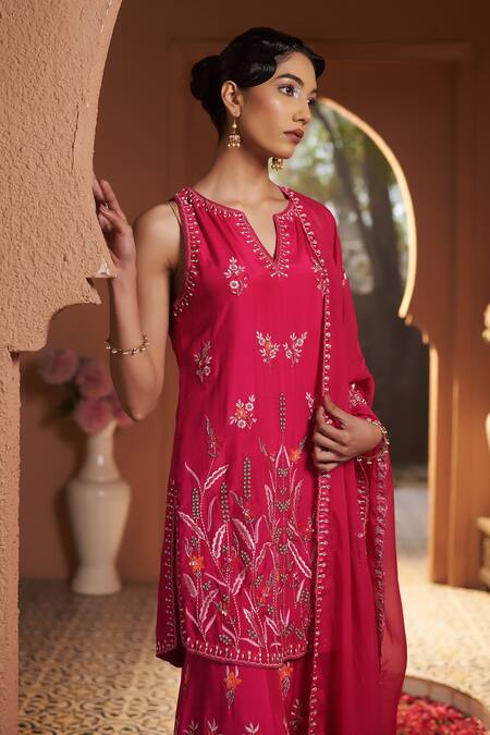 Sonia Khatri Pink Cotton, Organza Cut Work, Zari, Sequins, Rose Bloom Kurta Sharara Set at Aza Fashions Sonia Khatri_Pink Cotton, Organza Cut Work, Zari, Sequins, Rose Bloom Kurta Sharara Set _at_Aza_Fashions