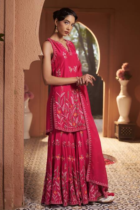 Buy Sonia Khatri Pink Cotton, Organza Cut Work, Zari, Sequins, Rose Bloom Kurta Sharara Set Buy_Sonia Khatri_Pink Cotton, Organza Cut Work, Zari, Sequins, Rose Bloom Kurta Sharara Set