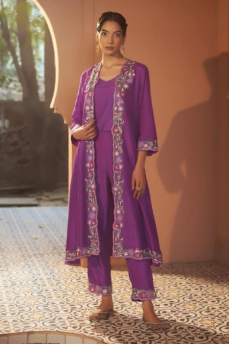 Sonia Khatri_Purple Silk, Denim Cut Work, Pansy Floral Zari Embroidered Jacket Pant Set _Online_at_Aza_Fashions