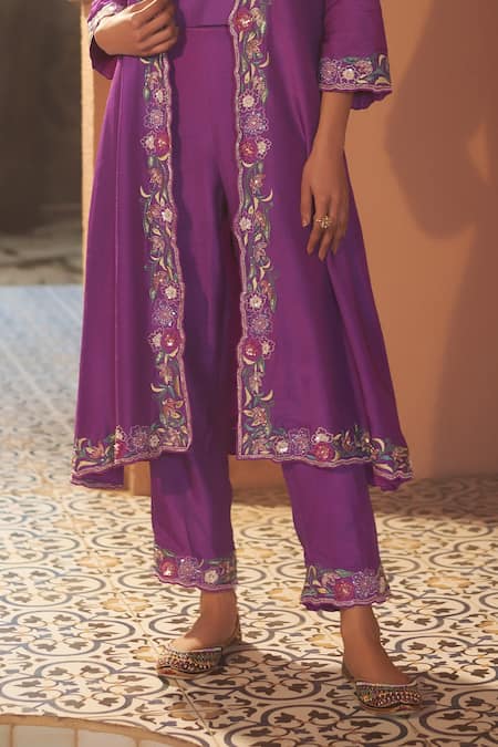 Buy_Sonia Khatri_Purple Silk, Denim Cut Work, Pansy Floral Zari Embroidered Jacket Pant Set _Online_at_Aza_Fashions