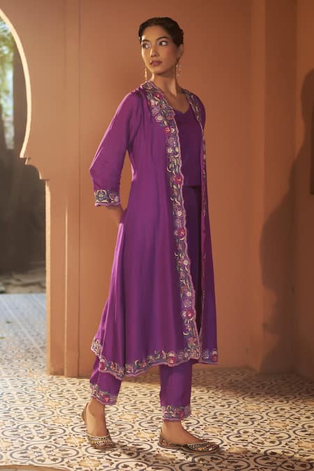 Shop_Sonia Khatri_Purple Silk, Denim Cut Work, Pansy Floral Zari Embroidered Jacket Pant Set _Online_at_Aza_Fashions