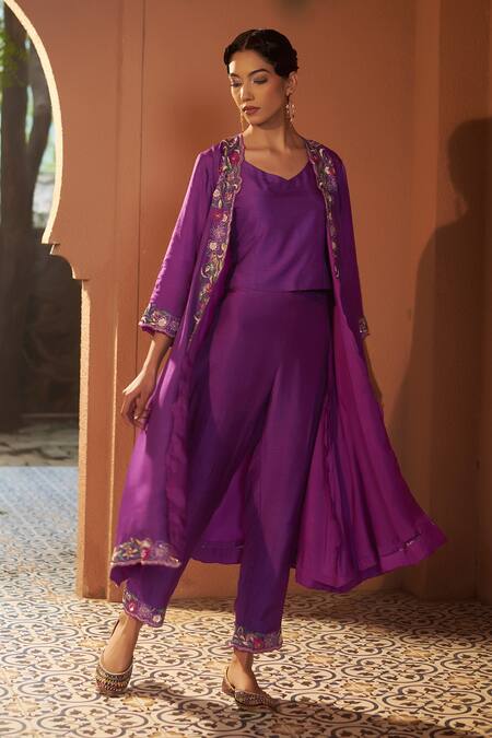Buy_Sonia Khatri_Purple Silk, Denim Cut Work, Pansy Floral Zari Embroidered Jacket Pant Set 
