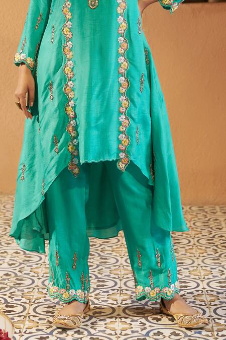 Buy Sonia Khatri Blue Denim, Silk Pearls, Diamonds, Embroidery Ixia High Low Kurta Pant Set Online at Aza Fashions Buy_Sonia Khatri_Blue Denim, Silk Pearls, Diamonds, Embroidery Ixia High Low Kurta Pant Set _Online_at_Aza_Fashions