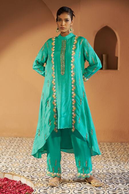 Shop Sonia Khatri Blue Denim, Silk Pearls, Diamonds, Embroidery Ixia High Low Kurta Pant Set Online at Aza Fashions Shop_Sonia Khatri_Blue Denim, Silk Pearls, Diamonds, Embroidery Ixia High Low Kurta Pant Set _Online_at_Aza_Fashions