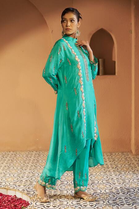 Sonia Khatri Blue Denim, Silk Pearls, Diamonds, Embroidery Ixia High Low Kurta Pant Set at Aza Fashions Sonia Khatri_Blue Denim, Silk Pearls, Diamonds, Embroidery Ixia High Low Kurta Pant Set _at_Aza_Fashions