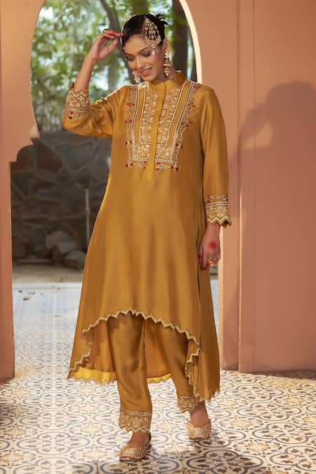 Buy_Sonia Khatri_Yellow Denim, Silk Cut Work, Embroidery Primrose High Low Kurta Pant Set _Online_at_Aza_Fashions