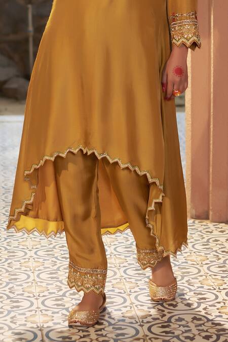Shop_Sonia Khatri_Yellow Denim, Silk Cut Work, Embroidery Primrose High Low Kurta Pant Set _Online_at_Aza_Fashions