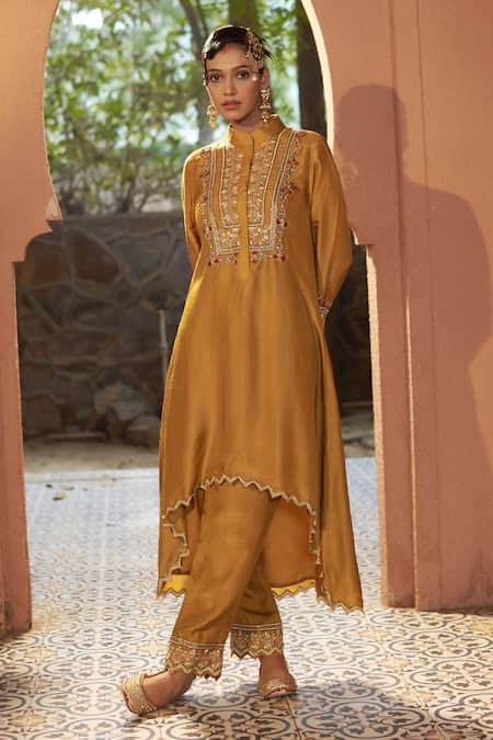 Sonia Khatri_Yellow Denim, Silk Cut Work, Embroidery Primrose High Low Kurta Pant Set _at_Aza_Fashions