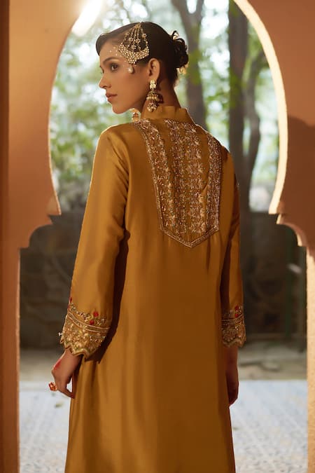 Buy_Sonia Khatri_Yellow Denim, Silk Cut Work, Embroidery Primrose High Low Kurta Pant Set 