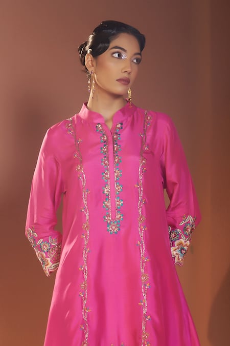 Sonia Khatri_Pink Denim Pearls, Embroidery Mandarin High Low Floral Cutwork Kurta And Pant Set _Online_at_Aza_Fashions