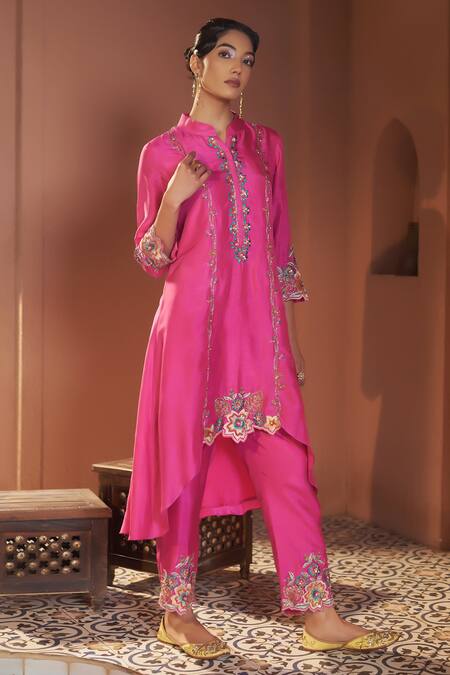 Buy_Sonia Khatri_Pink Denim Pearls, Embroidery Mandarin High Low Floral Cutwork Kurta And Pant Set _Online_at_Aza_Fashions