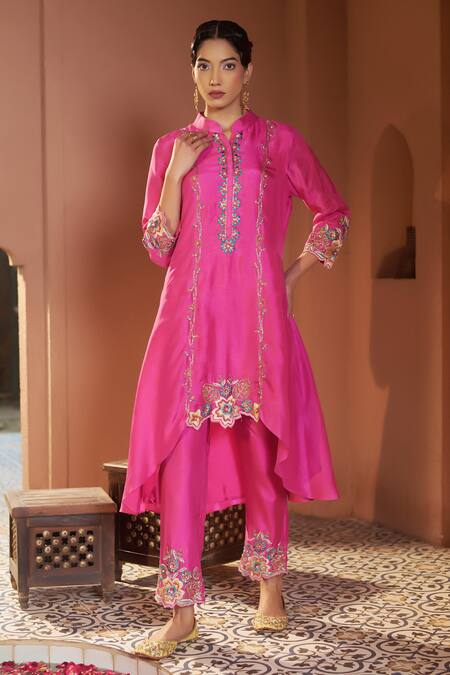 Shop_Sonia Khatri_Pink Denim Pearls, Embroidery Mandarin High Low Floral Cutwork Kurta And Pant Set _Online_at_Aza_Fashions