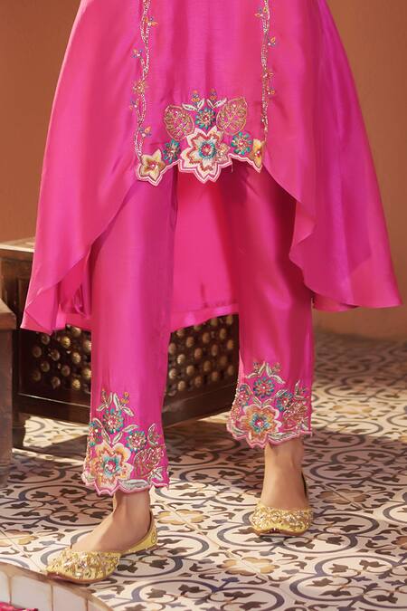 Sonia Khatri_Pink Denim Pearls, Embroidery Mandarin High Low Floral Cutwork Kurta And Pant Set _at_Aza_Fashions