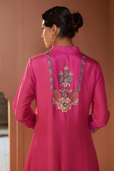 Buy_Sonia Khatri_Pink Denim Pearls, Embroidery Mandarin High Low Floral Cutwork Kurta And Pant Set 