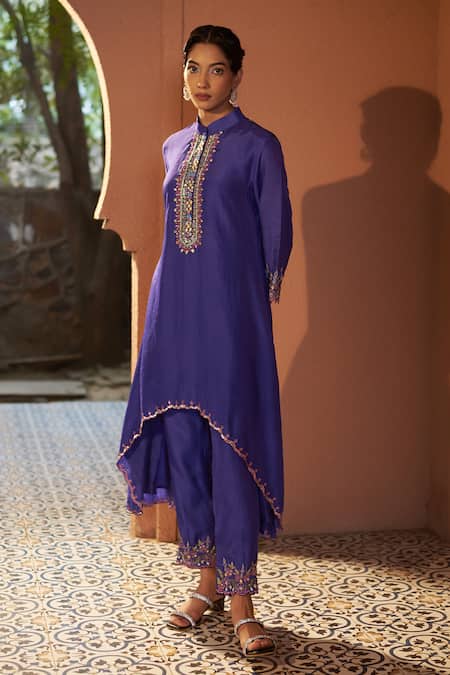 Sonia Khatri_Blue Denim Pearls, Diamonds, Embroidery Viola High Low Kurta And Pant Set _Online_at_Aza_Fashions