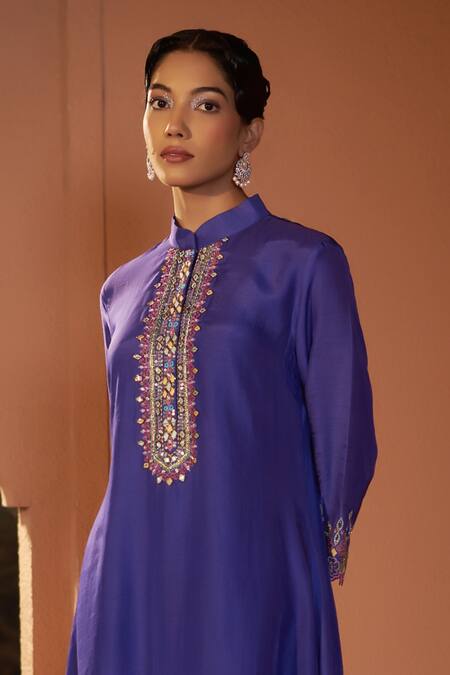 Buy_Sonia Khatri_Blue Denim Pearls, Diamonds, Embroidery Viola High Low Kurta And Pant Set _Online_at_Aza_Fashions