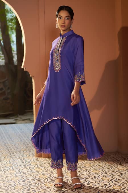 Shop_Sonia Khatri_Blue Denim Pearls, Diamonds, Embroidery Viola High Low Kurta And Pant Set _Online_at_Aza_Fashions
