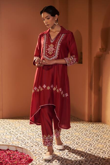 Buy_Sonia Khatri_Maroon Silk Cut Work, Pearls, Persian Buttercup Embroidered Kurta And Pant Set _Online_at_Aza_Fashions