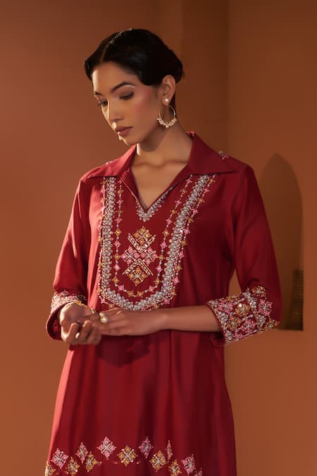 Shop_Sonia Khatri_Maroon Silk Cut Work, Pearls, Persian Buttercup Embroidered Kurta And Pant Set _Online_at_Aza_Fashions
