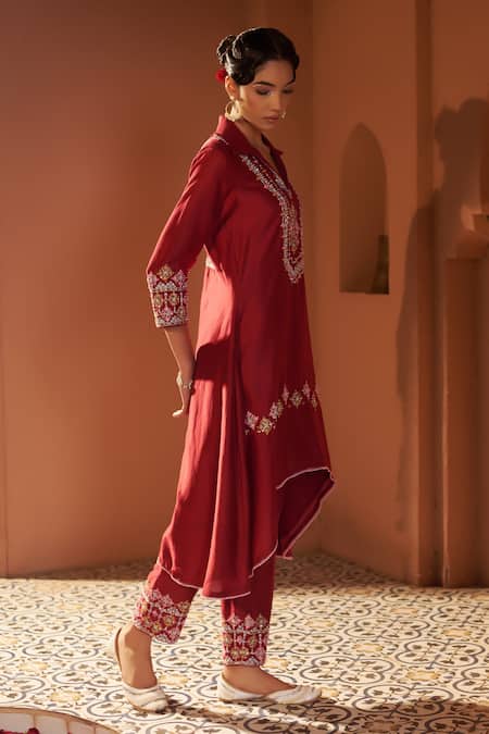 Sonia Khatri_Maroon Silk Cut Work, Pearls, Persian Buttercup Embroidered Kurta And Pant Set _at_Aza_Fashions