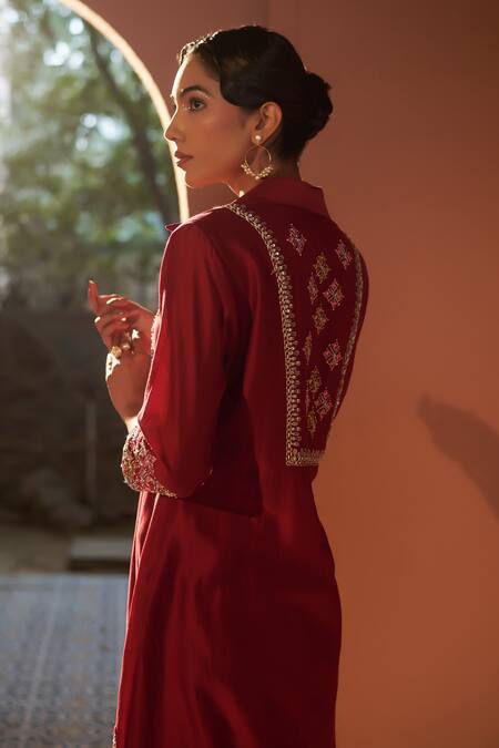 Buy_Sonia Khatri_Maroon Silk Cut Work, Pearls, Persian Buttercup Embroidered Kurta And Pant Set 