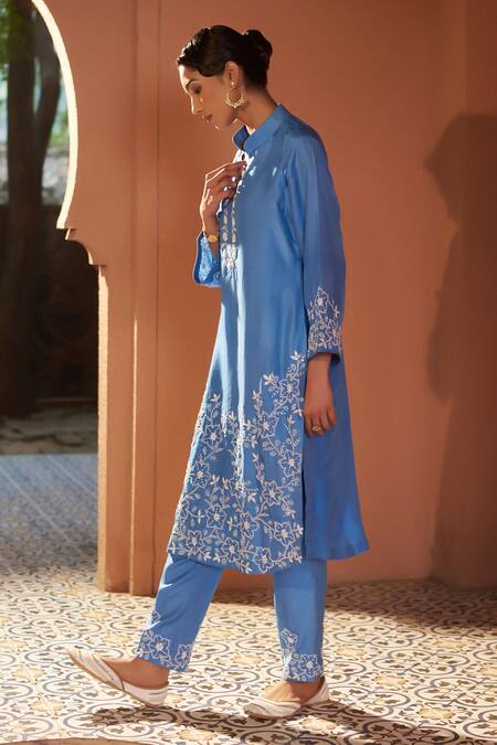 Sonia Khatri_Blue Denim Cut Work, Pearls, Sequins, Bluebell High Low Kurta And Pant Set _Online_at_Aza_Fashions