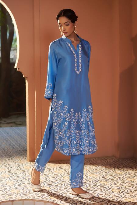 Buy_Sonia Khatri_Blue Denim Cut Work, Pearls, Sequins, Bluebell High Low Kurta And Pant Set _Online_at_Aza_Fashions