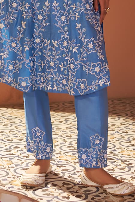Shop_Sonia Khatri_Blue Denim Cut Work, Pearls, Sequins, Bluebell High Low Kurta And Pant Set _Online_at_Aza_Fashions
