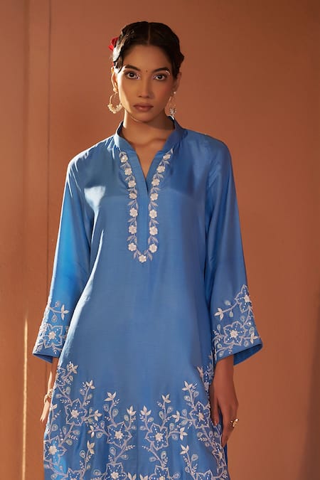 Sonia Khatri_Blue Denim Cut Work, Pearls, Sequins, Bluebell High Low Kurta And Pant Set _at_Aza_Fashions