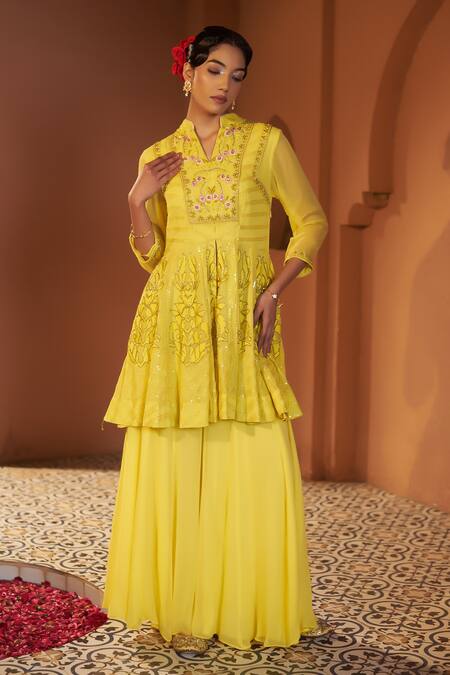 Sonia Khatri_Yellow Georgette Cut Work Sunflower Embroidered Peplum Kurta And Sharara Set _Online_at_Aza_Fashions