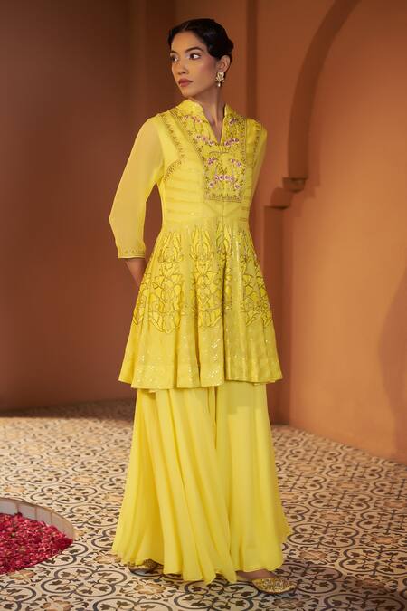 Buy_Sonia Khatri_Yellow Georgette Cut Work Sunflower Embroidered Peplum Kurta And Sharara Set _Online_at_Aza_Fashions
