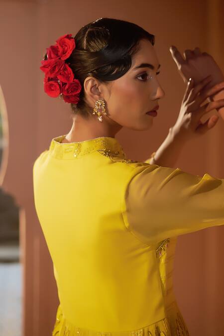 Shop_Sonia Khatri_Yellow Georgette Cut Work Sunflower Embroidered Peplum Kurta And Sharara Set _Online_at_Aza_Fashions