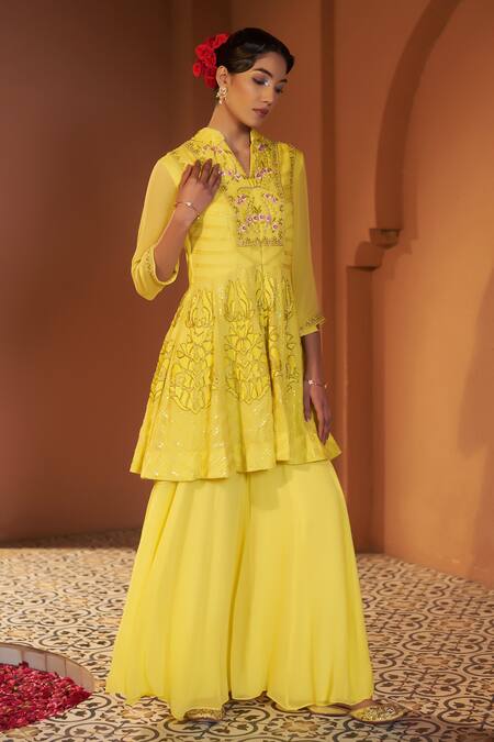 Sonia Khatri_Yellow Georgette Cut Work Sunflower Embroidered Peplum Kurta And Sharara Set _at_Aza_Fashions