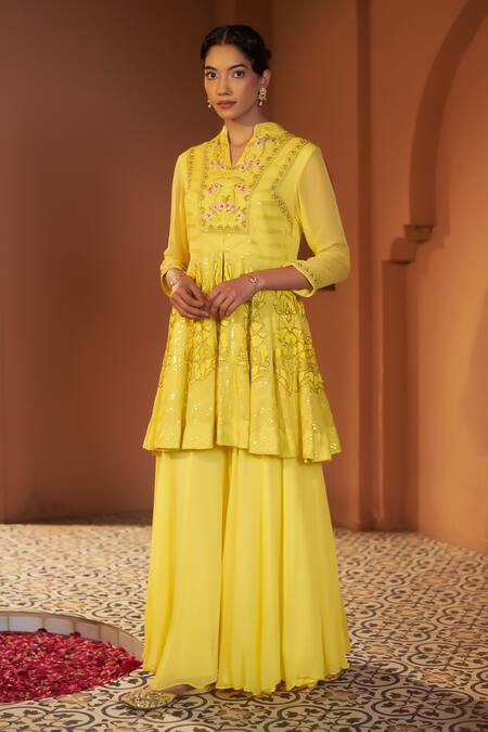 Buy_Sonia Khatri_Yellow Georgette Cut Work Sunflower Embroidered Peplum Kurta And Sharara Set 