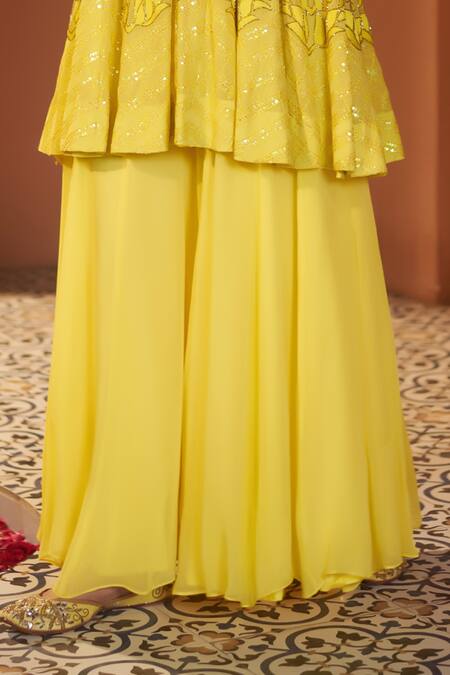 Shop_Sonia Khatri_Yellow Georgette Cut Work Sunflower Embroidered Peplum Kurta And Sharara Set 